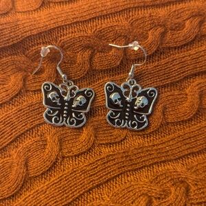 Silvertone and Black Butterfly with Skull Dangle Earrings
